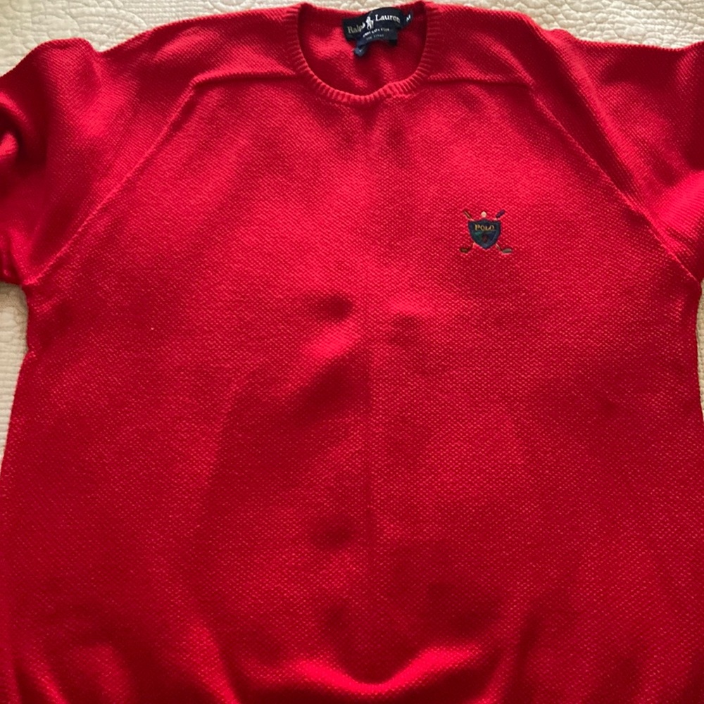 Classic Ralph Lauren Golf sweater. Red knit fabric.